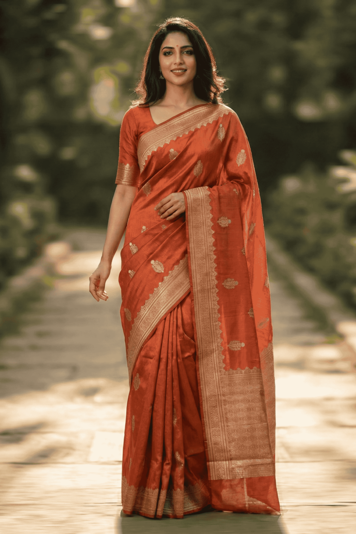Banarasi viscose silk saree in orange colour with floral zari meenakri work