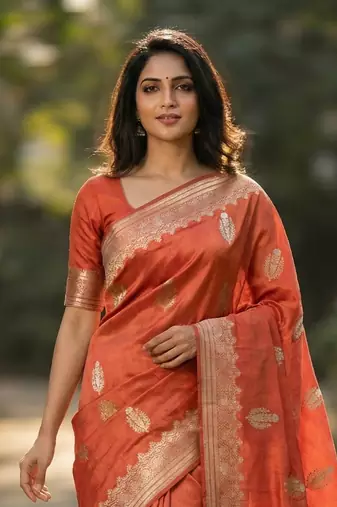 Banarasi viscose silk saree in orange colour with floral zari meenakri work