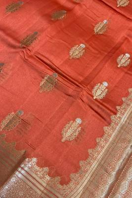 Banarasi viscose silk saree in orange colour with floral zari meenakri work 3