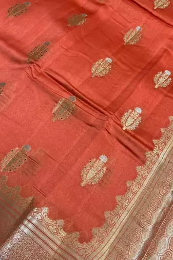Banarasi viscose silk saree in orange colour with floral zari meenakri work