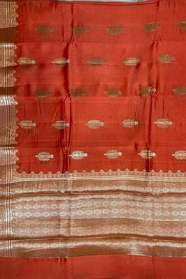 Banarasi viscose silk saree in orange colour with floral zari meenakri work 4