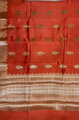 Banarasi viscose silk saree in orange colour with floral zari meenakri work