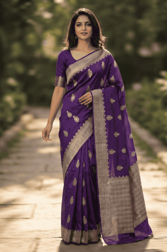 Banarasi viscose silk saree in purple colour with floral zari meenakri work