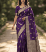 Banarasi viscose silk saree in purple colour with floral zari meenakri work