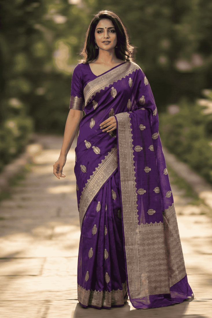 Banarasi viscose silk saree in purple colour with floral zari meenakri work