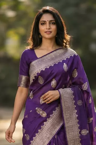 Banarasi viscose silk saree in purple colour with floral zari meenakri work