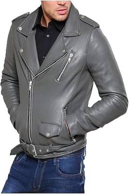 men's grey lambskin leather biker jacket classic moto zip style 1