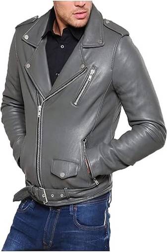 Men’s genuine lambskin leather biker jacket grey color slim fit moto style