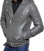 Men’s genuine lambskin leather biker jacket grey color slim fit moto style