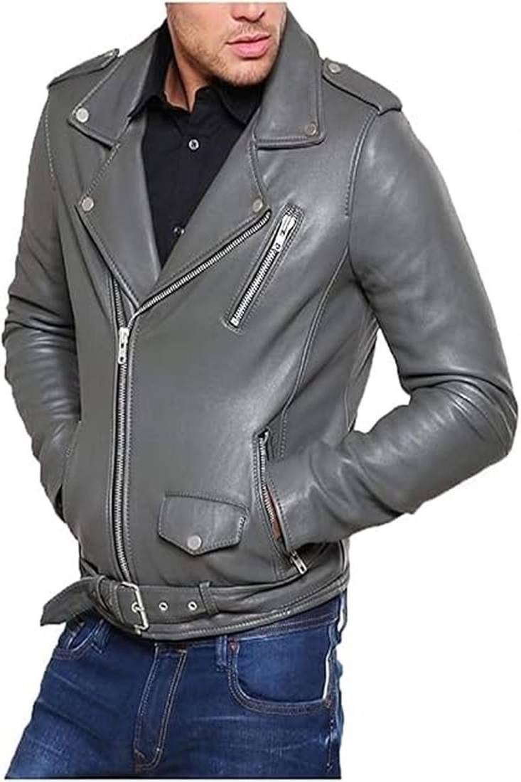 Men’s genuine lambskin leather biker jacket grey color slim fit moto style
