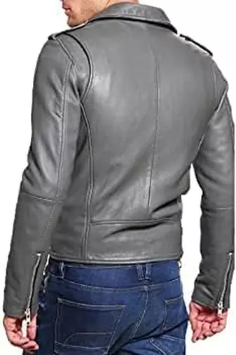 men's grey lambskin leather biker jacket classic moto zip style