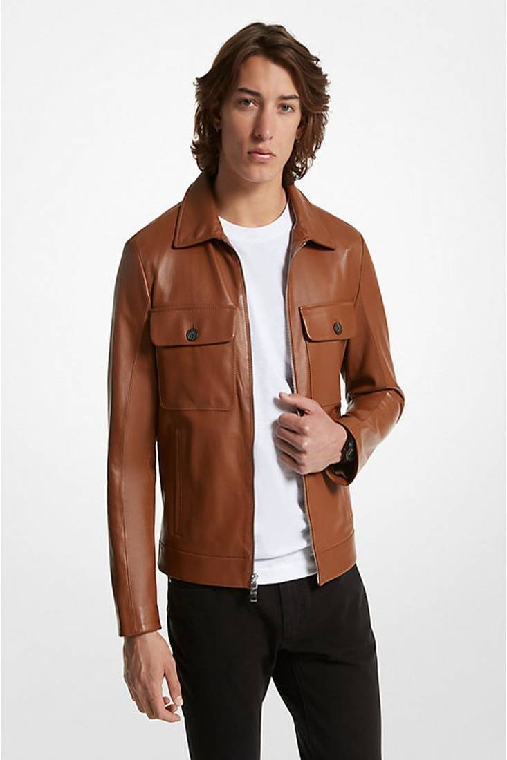 Men’s genuine brown lambskin leather  jacket   slim fit motorcycle pocket style