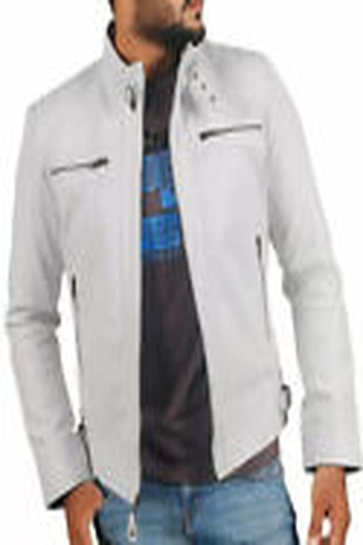 Men’s  white lambskin leather  jacket slim fit motorcycle zipper pocket