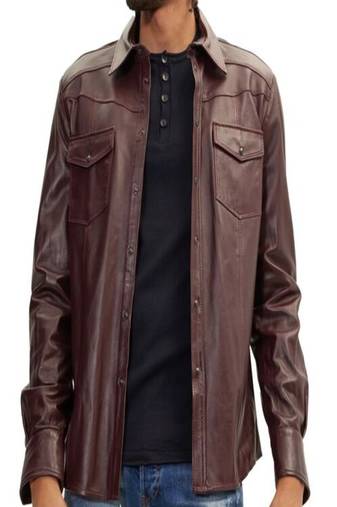 Brown  leather biker jacket – slim fit moto style button pocket jacket