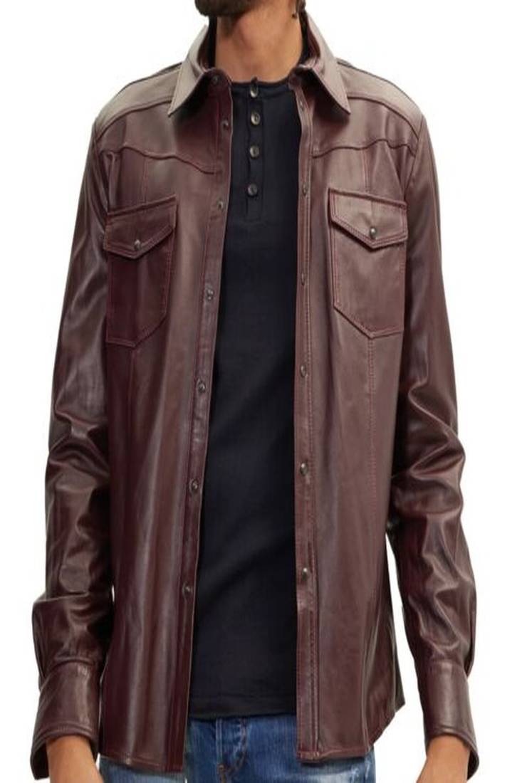 Brown  leather biker jacket – slim fit moto style button pocket jacket
