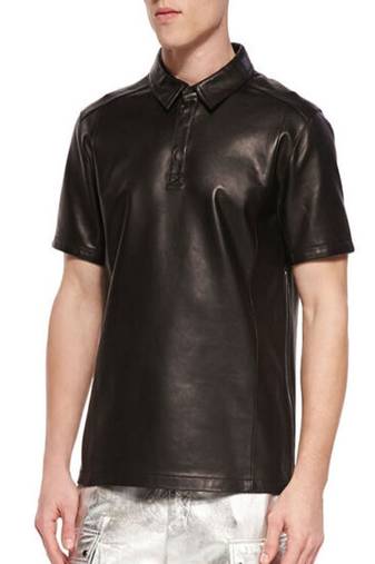 Men's genuine lambskin black leather t-shirt polo style
