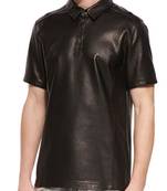 Men's genuine lambskin black leather t-shirt polo style