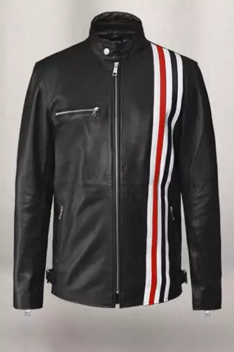 Men's black lambskin white strip leather biker jacket  slim fit moto style zipper jacket