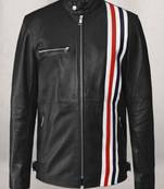 Men's black lambskin white strip leather biker jacket  slim fit moto style zipper jacket