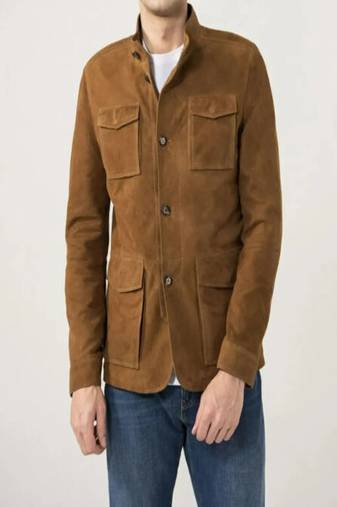Men’s brown suede leather jacket  slim fit button-up field style coat genuine leather casual theme