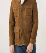 Men’s brown suede leather jacket  slim fit button-up field style coat genuine leather casual theme