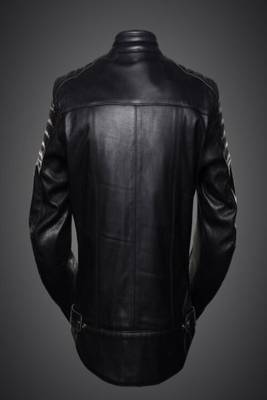 Men's black lambskin motyorcycle leather jacket cafe racer style zipper 2