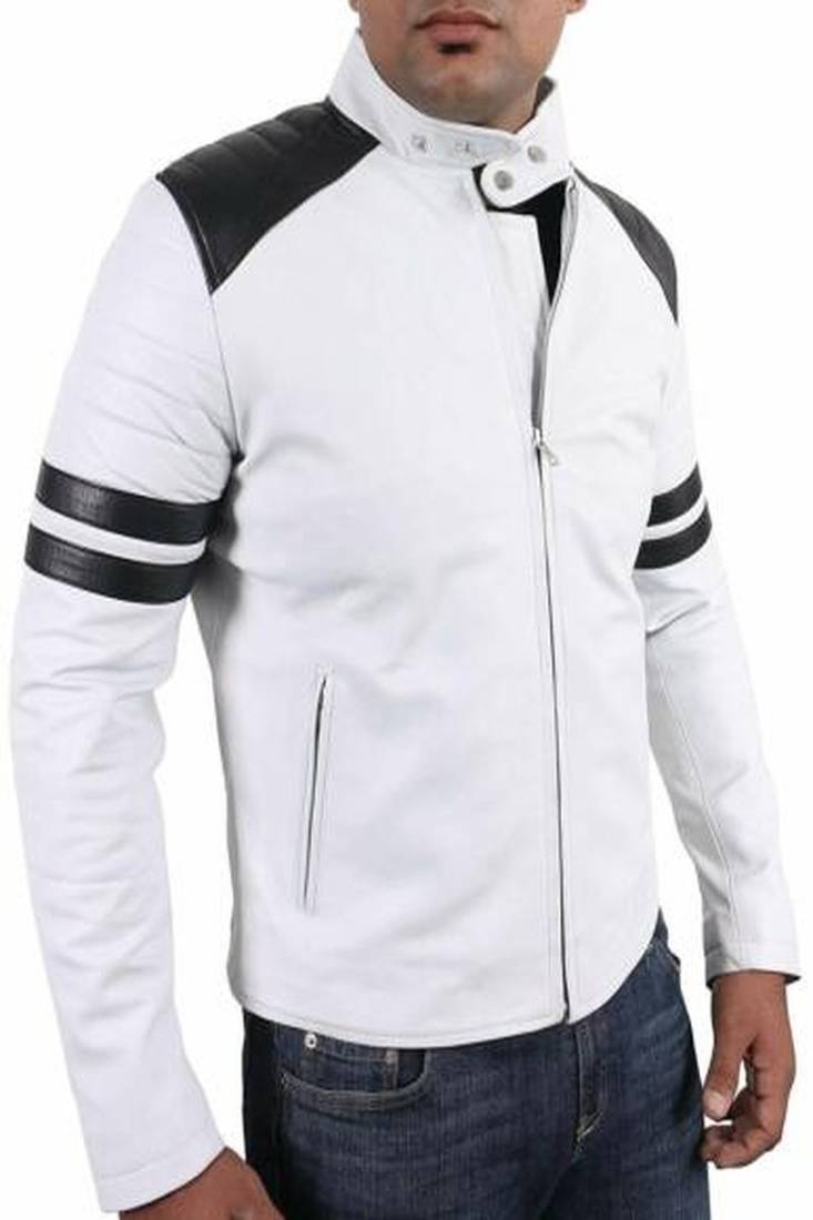 Men's white lambskin leather jacket  slim fit moto style zipper black quilted