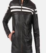 Black leather biker jacket slim fit moto style zip-up jacket with stripe detail