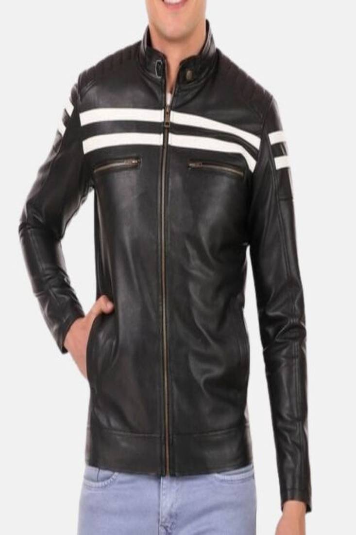 Black leather biker jacket slim fit moto style zip-up jacket with stripe detail