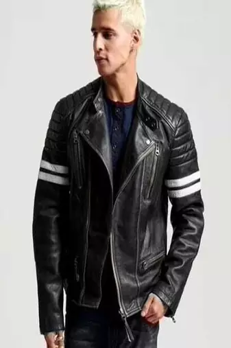 Black quilted leather biker jacket moto style zip-up jacket with stripe detail
