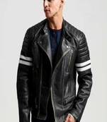 Black quilted leather biker jacket moto style zip-up jacket with stripe detail