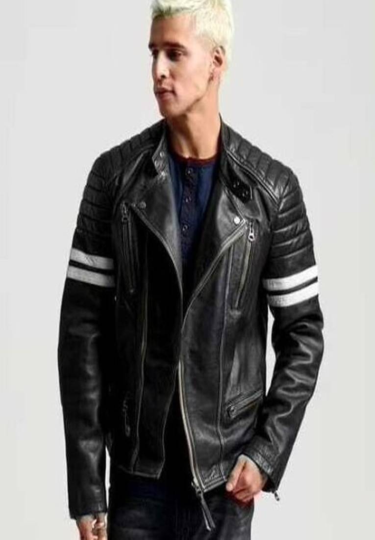 Black quilted leather biker jacket moto style zip-up jacket with stripe detail