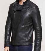 Moto style zip-up jacket black quilted leather biker jacket