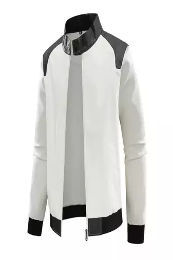 Men's white lambskin leather jacket  slim fit moto style zipper black stripe