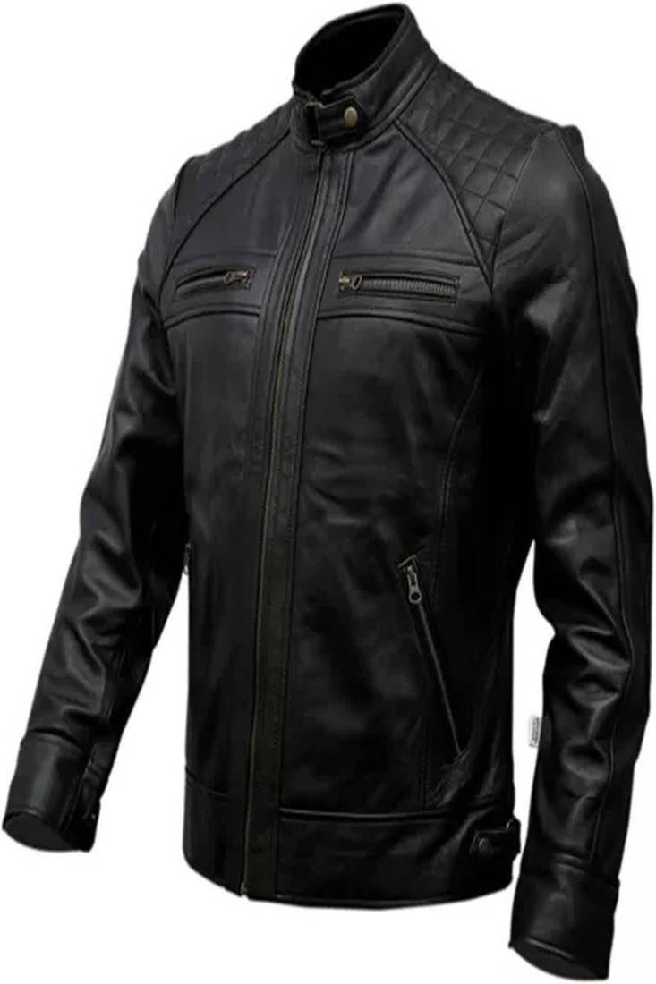 Black quilted leather biker jacket motorcycle style zip-up jacket