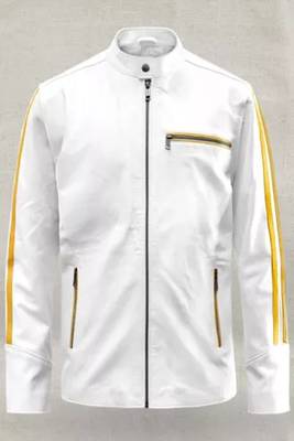 Men's white lambskin biker leather jacket  slim fit  zipper yellow stripe 1