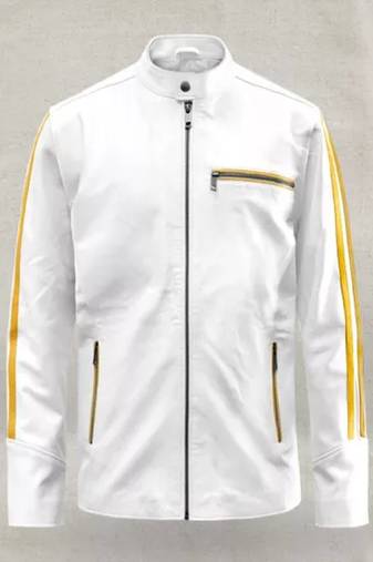 Men's white lambskin biker leather jacket  slim fit  zipper yellow stripe
