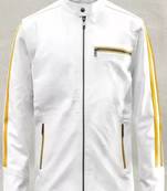 Men's white lambskin biker leather jacket  slim fit  zipper yellow stripe
