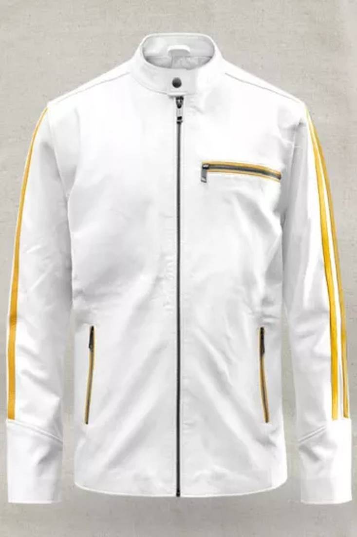 Men's white lambskin biker leather jacket  slim fit  zipper yellow stripe