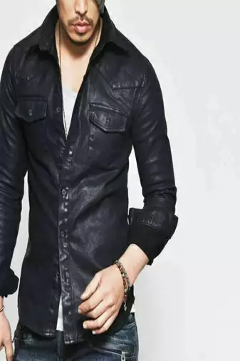 Men’s black genuine leather shirt jacket slim fit button-up casual biker style leather shirt