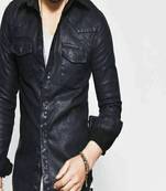 Men’s black genuine leather shirt jacket slim fit button-up casual biker style leather shirt