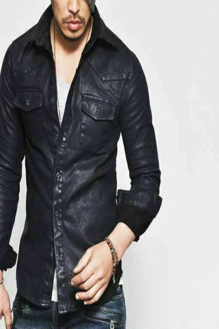 Men’s black genuine leather shirt jacket slim fit button-up casual biker style leather shirt