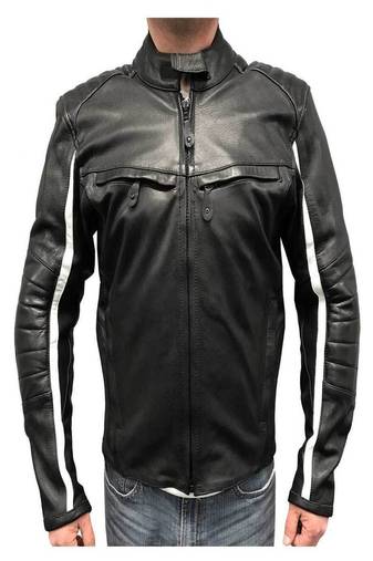 Men's black lambskin leather jacket  slim fit moto style zipper white stripe