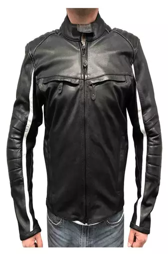 Men's black lambskin leather jacket  slim fit moto style zipper white stripe