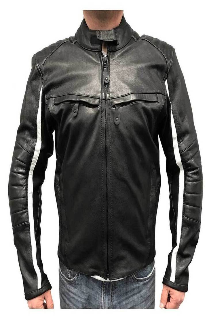 Men's black lambskin leather jacket  slim fit moto style zipper white stripe