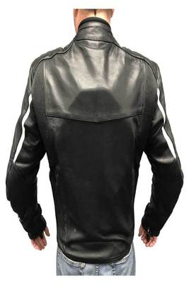 Men's black lambskin leather jacket  slim fit moto style zipper white stripe 2