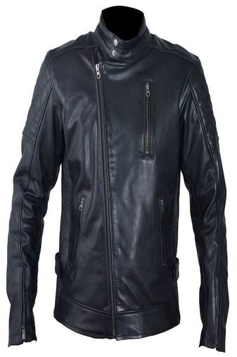 Black quilted genuine leather biker jacket motorcycle style zip-up jacket