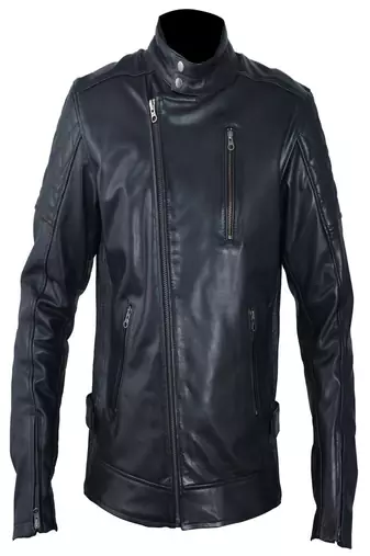 Black quilted genuine leather biker jacket motorcycle style zip-up jacket