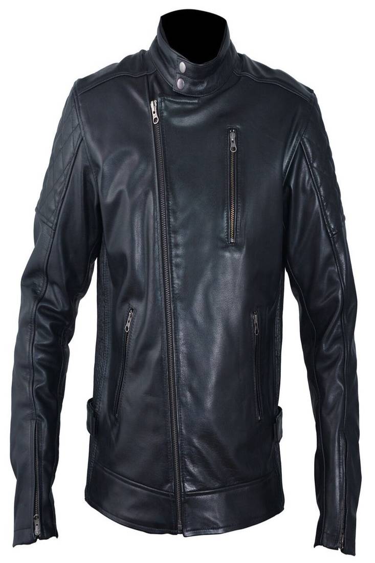 Black quilted genuine leather biker jacket motorcycle style zip-up jacket