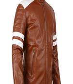 Brown quilted genuine leather biker jacket motorcycle white stripe jacket
